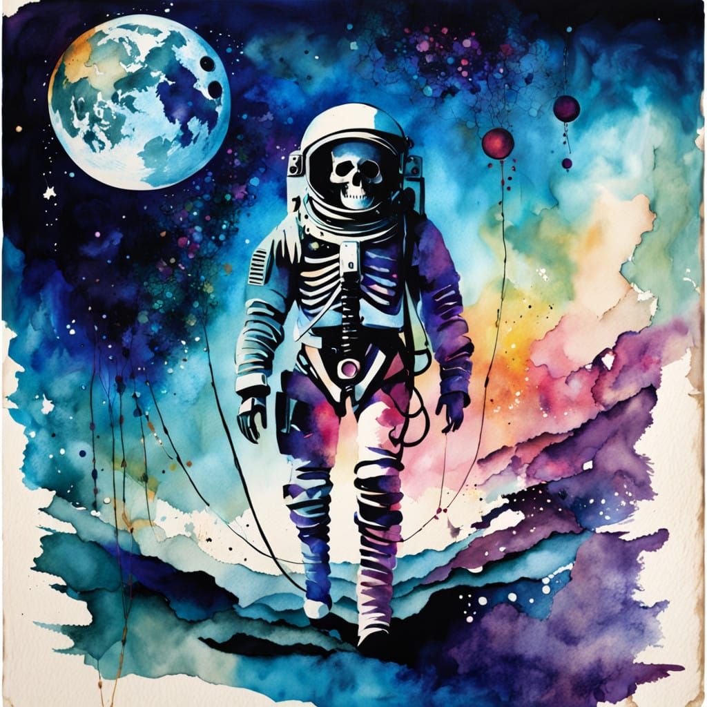 Vintage Skeleton Lunar Explorer in Distressed Watercolor Sty...