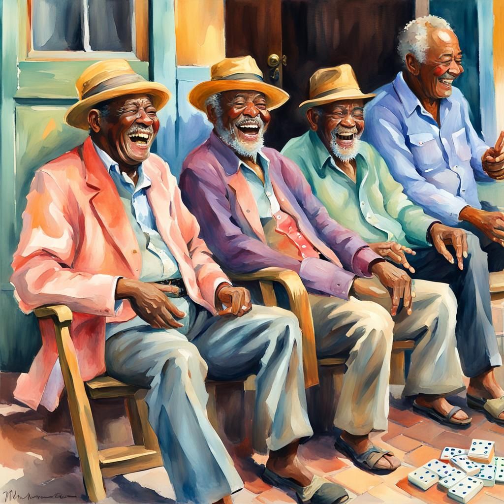 Caribbean Gentlemen Playing Dominoes in Watercolor Style