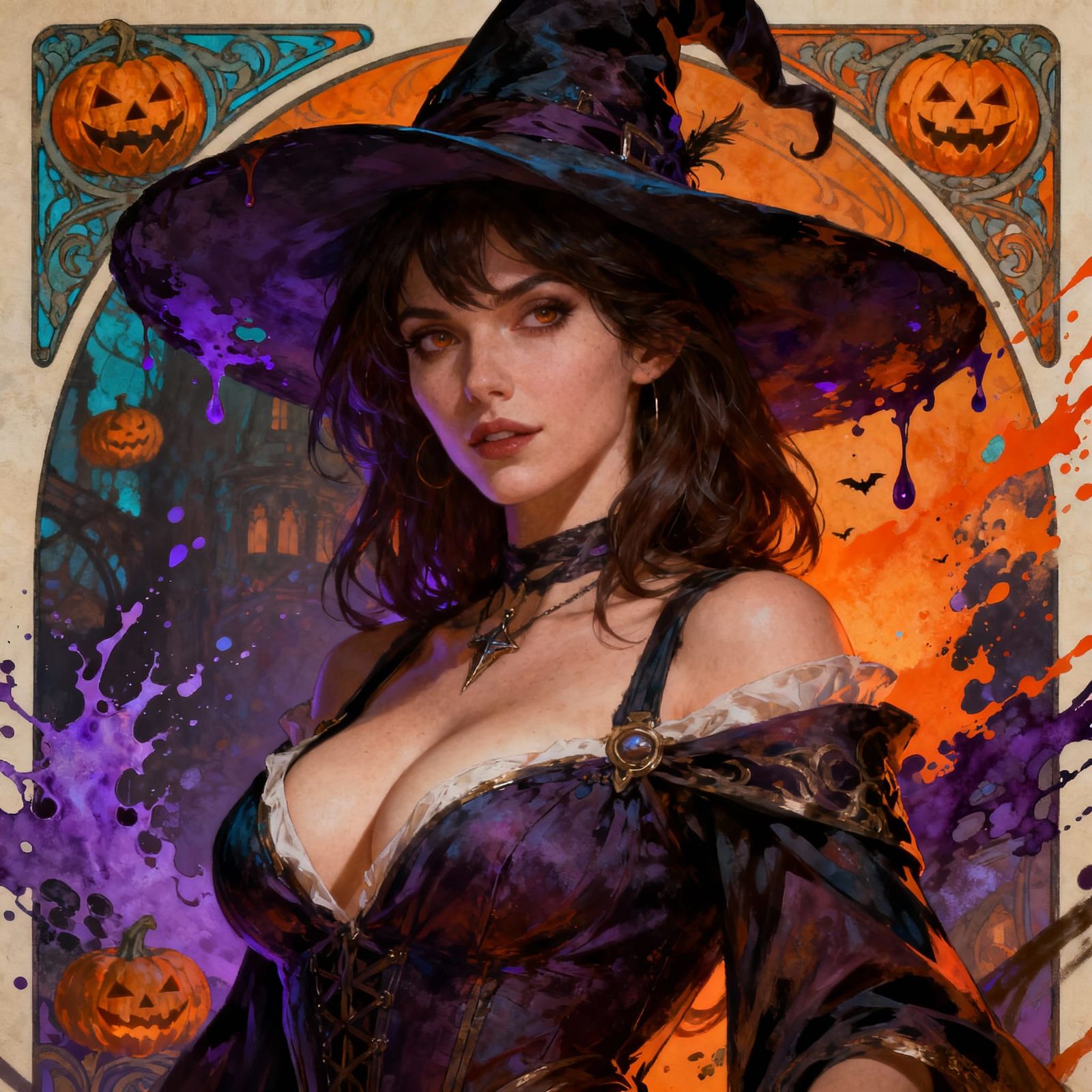 Brunette Wizard Woman in Halloween Dress