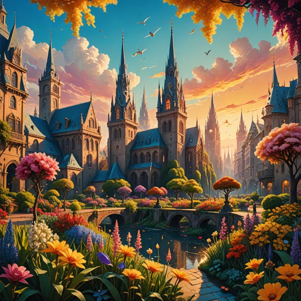 Surreal City Utopia in Vibrant Oil Painting