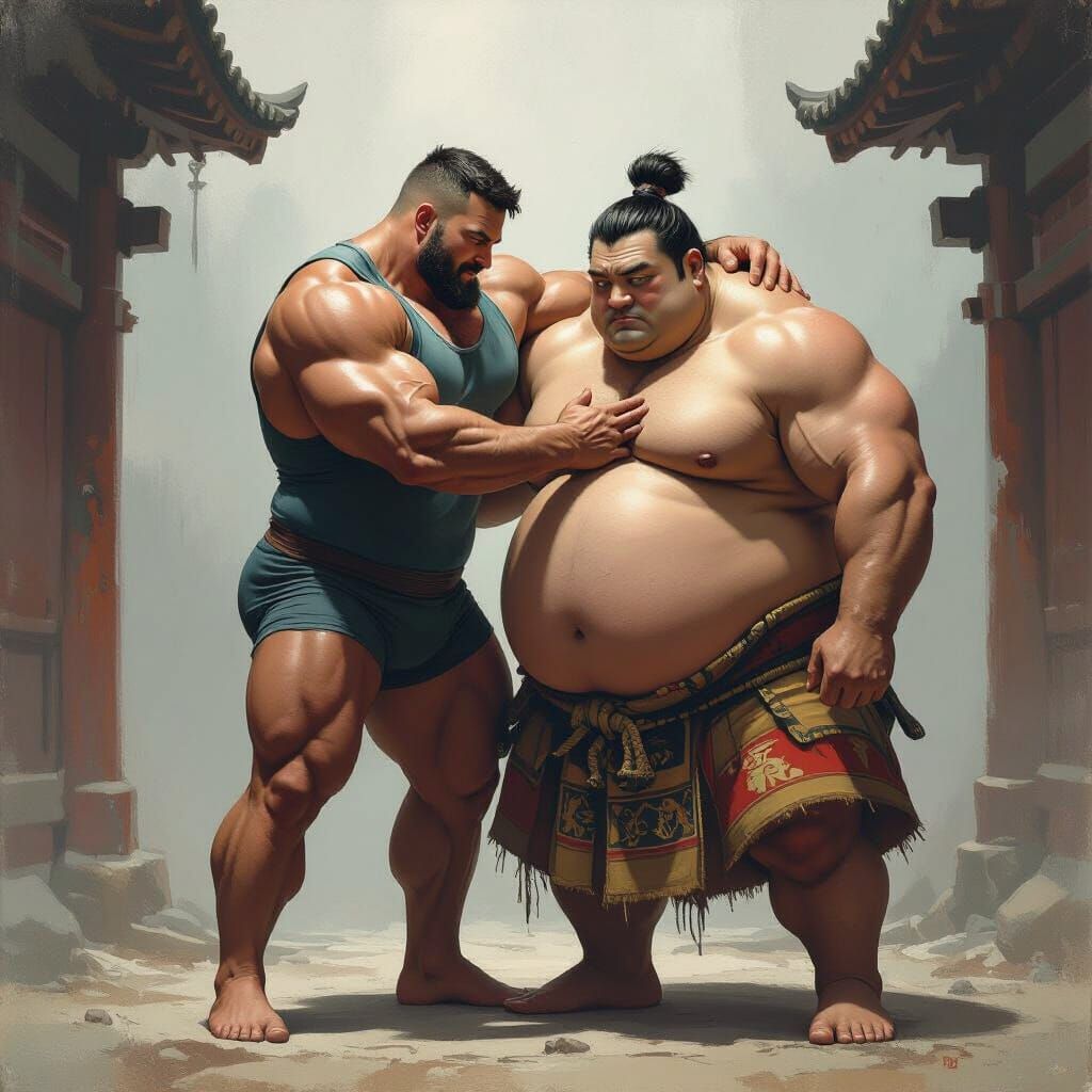 Bodybuilder and Sumo Wrestler in Retro-Futuristic Style