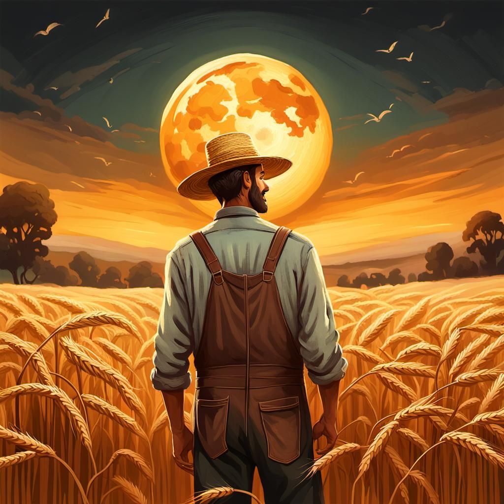 Golden Wheat Field Under Harvest Moon
