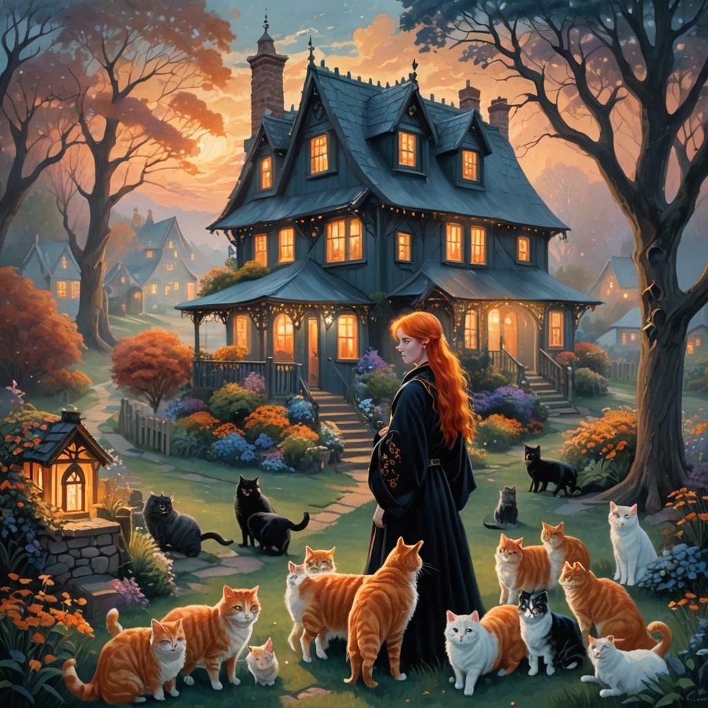 Celestial Cat Goddess in Whimsical Village Setting