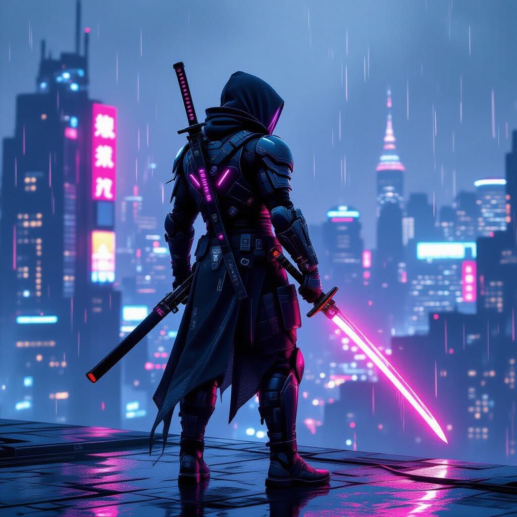 Cyberpunk Street Samurai with Katana on Neon Rooftop