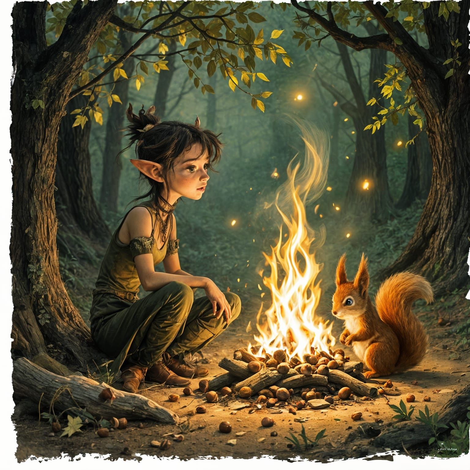 Elf and Squirrel Roast Chestnuts by Campfire