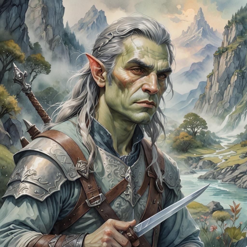 Surreal Fantasy Portrait of Half-orc Bard in Watercolor