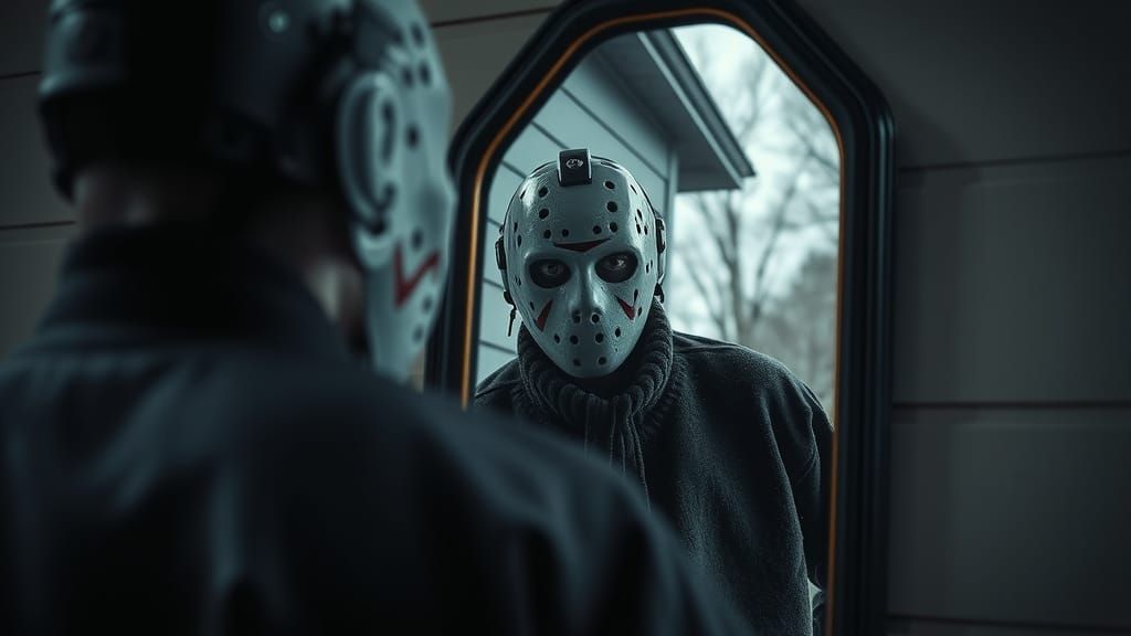 Creepy Hockey Mask Reflection in Haunted House