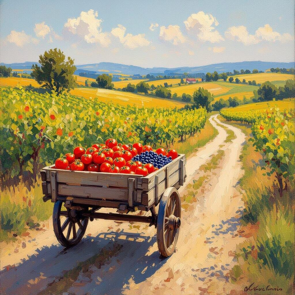 Impressionistic Cart of Tomatoes and Blueberries