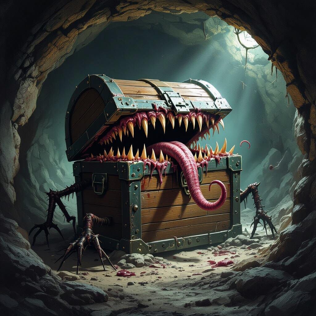 Terrifying Mimic Chest in Dark Mining Tunnel