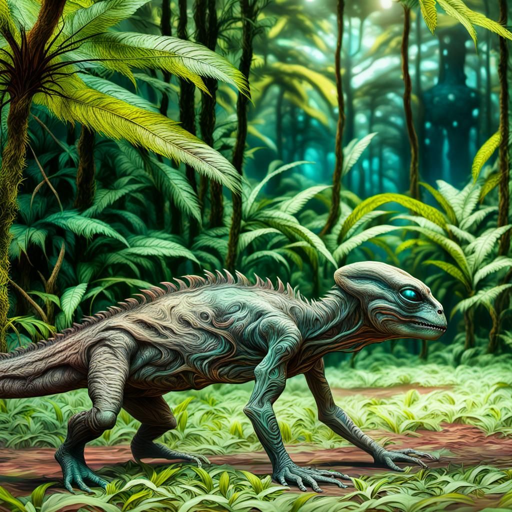 Alien in Glowing Dreamscape Jungle, Matte Painting