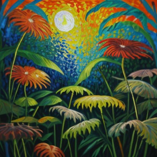 Vibrant Jungle Dusk in Neo-Impressionist Style