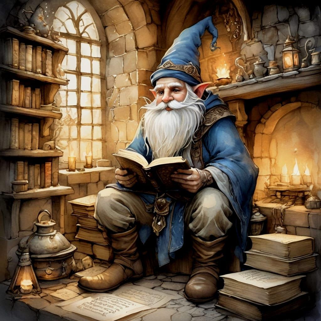 Gnome Reading by Fireplace in High Fantasy Style