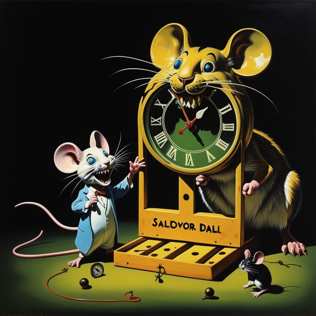 Surreal Mouse Scene: Peace Sign and Whimsical Danger