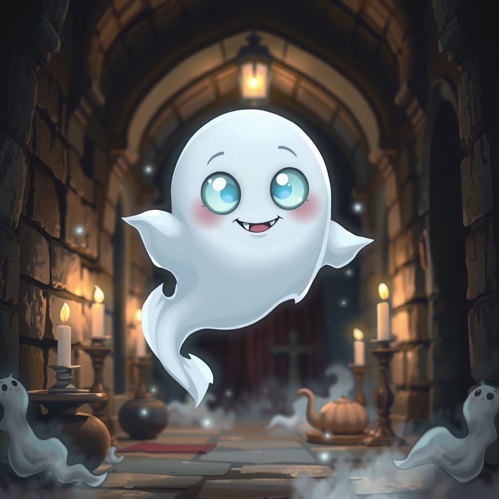 Cute Eerie Ghost in Stone Corridor with Magical Aura
