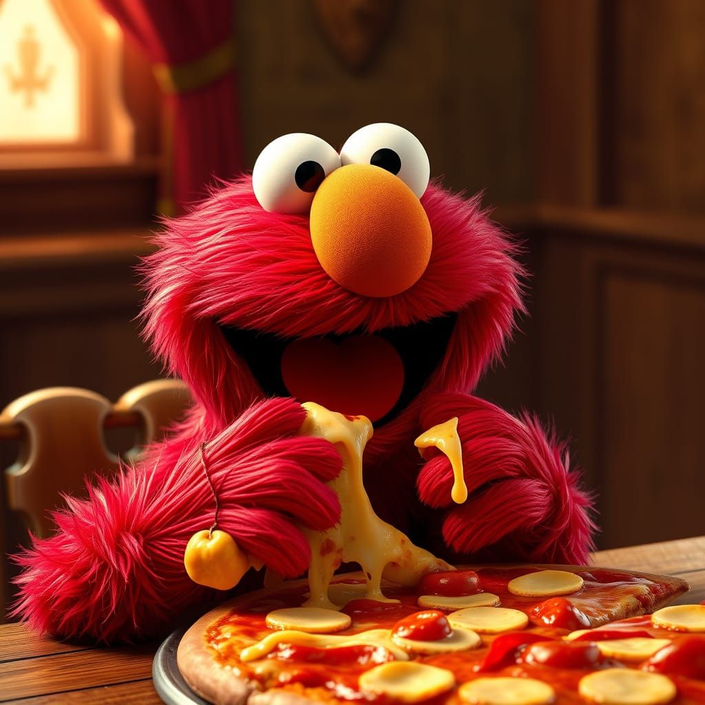 Elmo Devours Pizza in Vibrant, Whimsical Illustrative Style