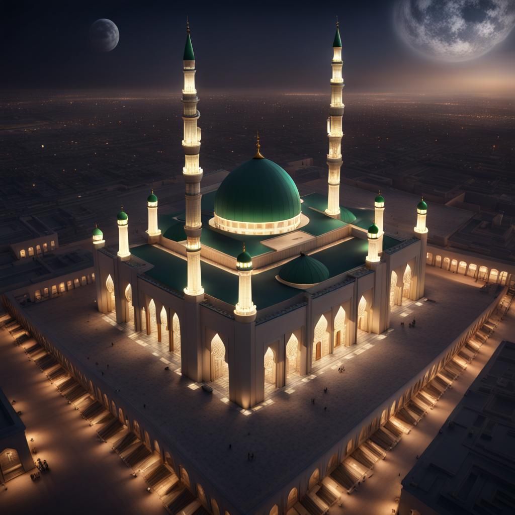 Hyperrealistic Aerial View of Madina Mosque at Night