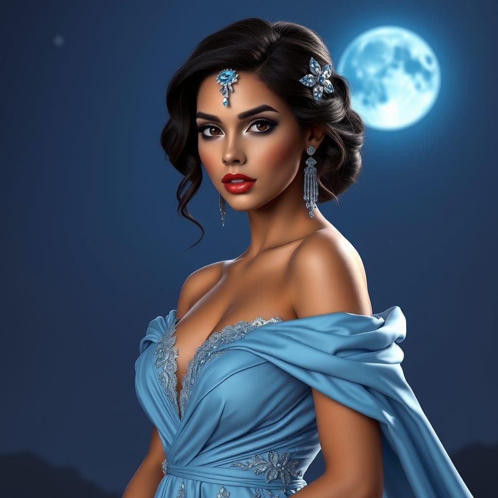 Glamorous Brunette in Celestial Blue Gown Under Starry Night...