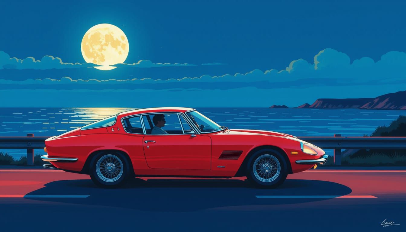 Crimson 1967 Maserati Drives Coastal UK Highway at Night