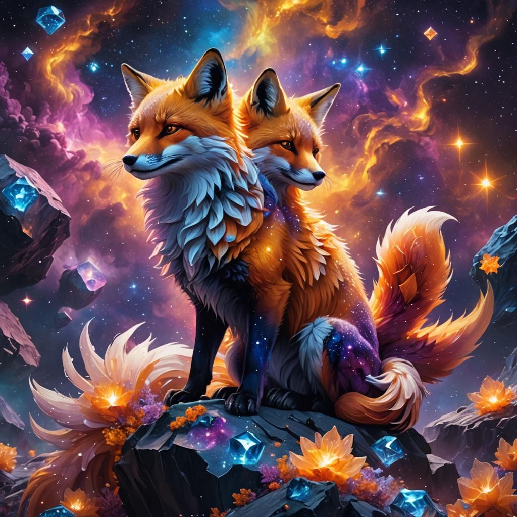 Galaxy Fox on Asteroid in Dreamlike Digital Art