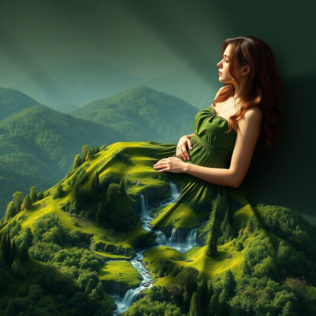 Ethereal Goddess of Lush Vegetation and Shimmering Waterfall...