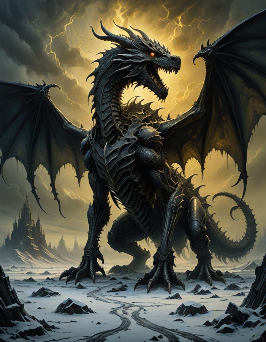 Skeletal Dragon in Frozen Wasteland with Golden Heart