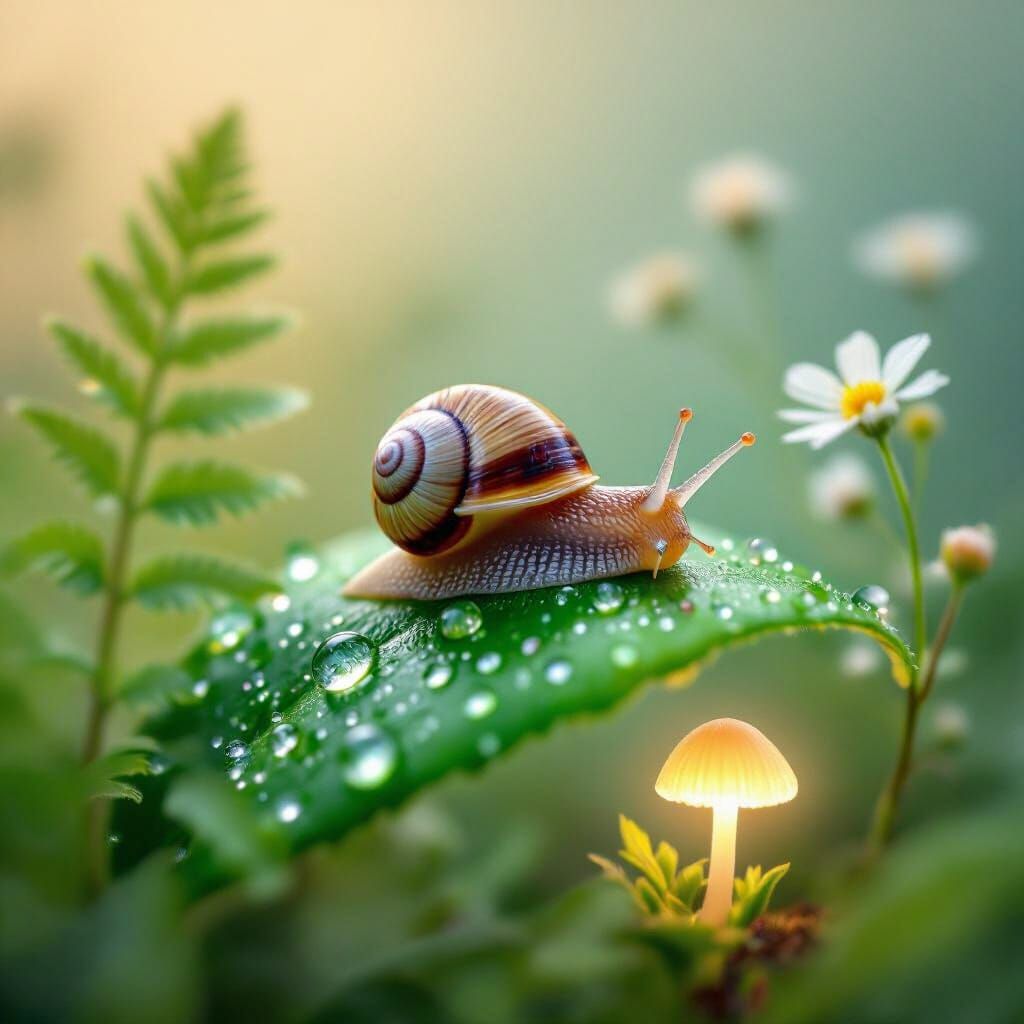 Macro Snail on Leaf with Dew Drops and Wildflowers