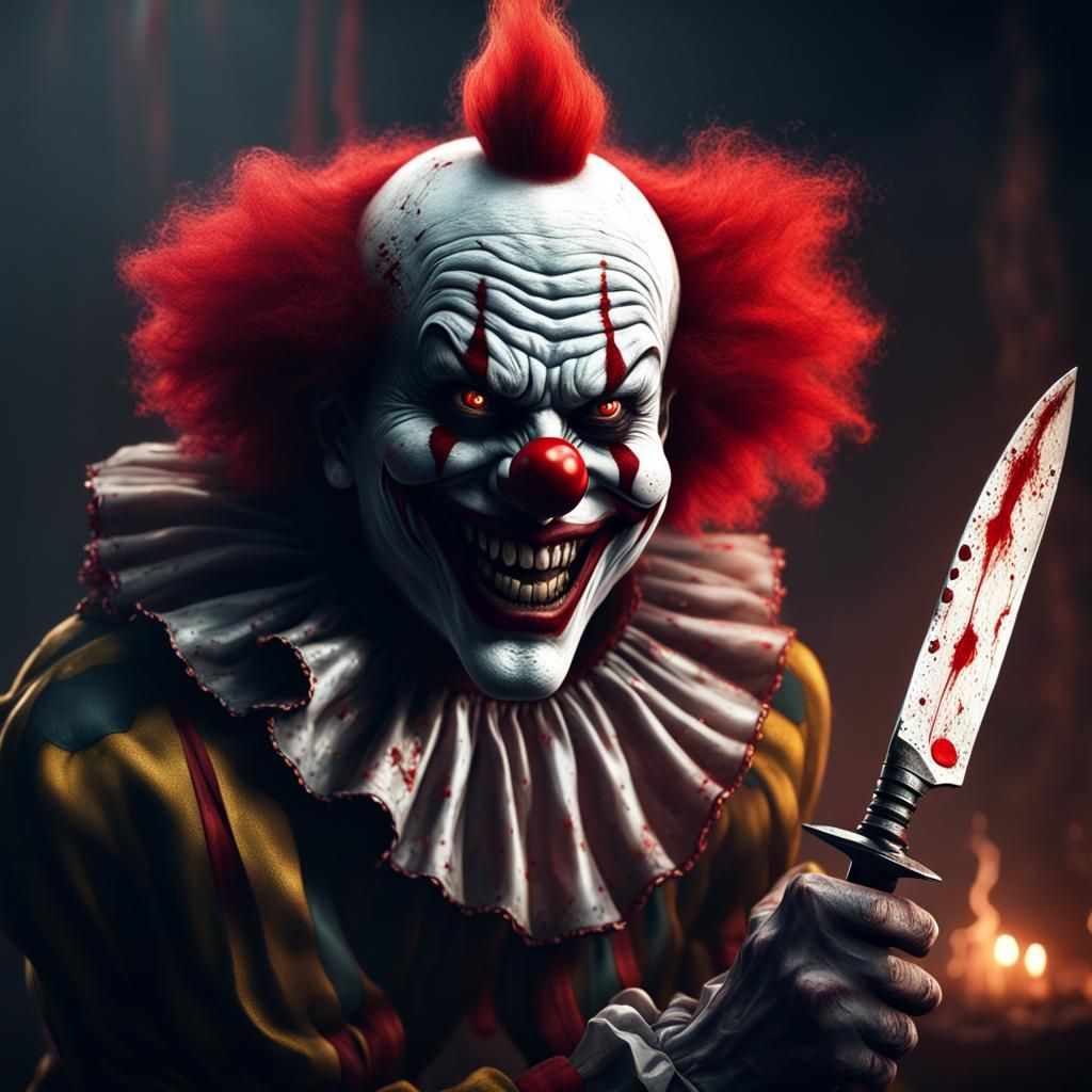 Menacing Evil Clown with Knife, Detailed Matte Painting