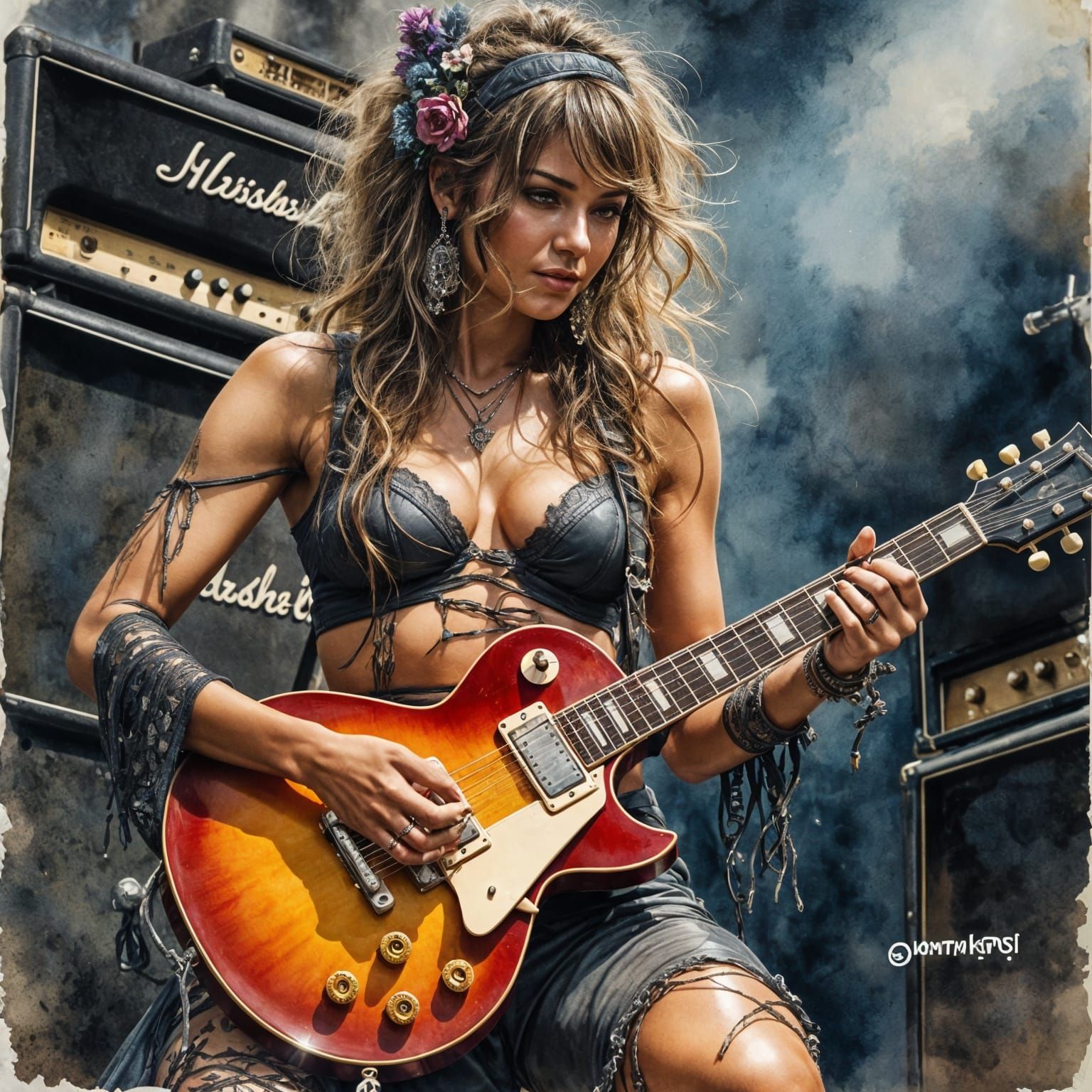 Female Rock Musician Playing Guitar on Stage