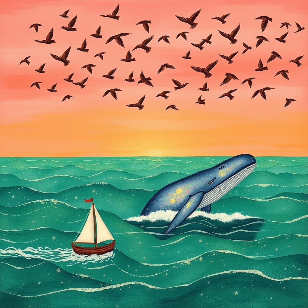 Whimsical Whale Scene in Arts and Crafts Style
