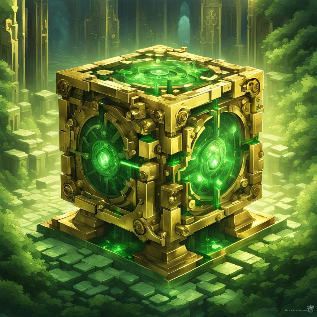 Golden Clockwork Puzzle Cube in Anime Style