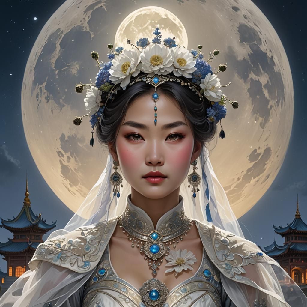 Elegant Mongolian Woman Portrait with Flowers and Moon