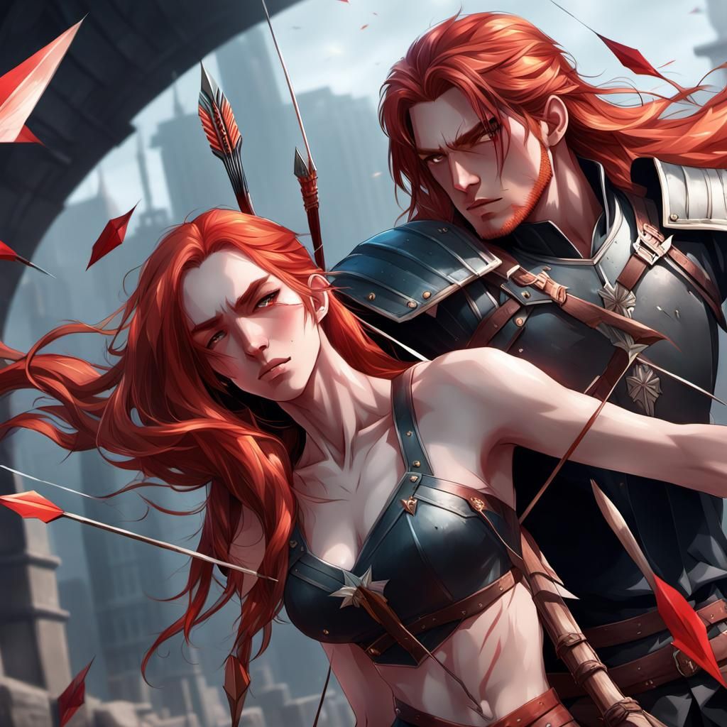 Arrow Pierced Man Holds Red-Haired Beauty: 3D Anime Art