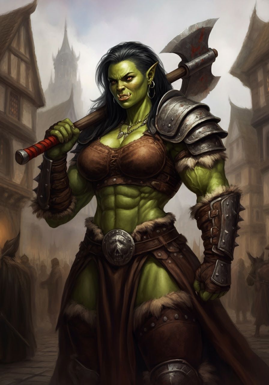 Orc Barbarian in Bustling Fantasy Town Square