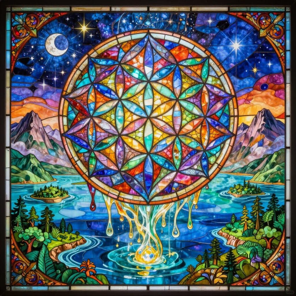 Flower of Life Stained Glass Art with Ornate Emblem