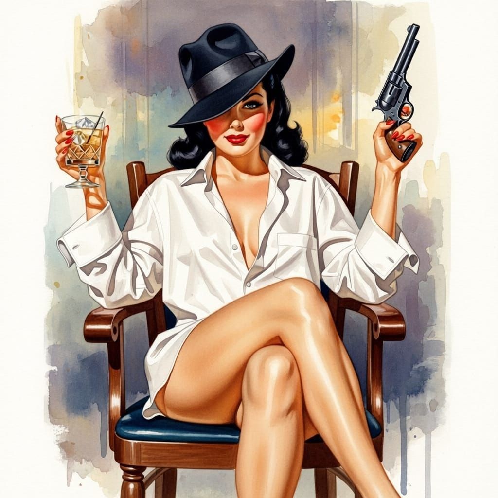 Pin-Up Style Woman with Fedora, Drink, and Pistol