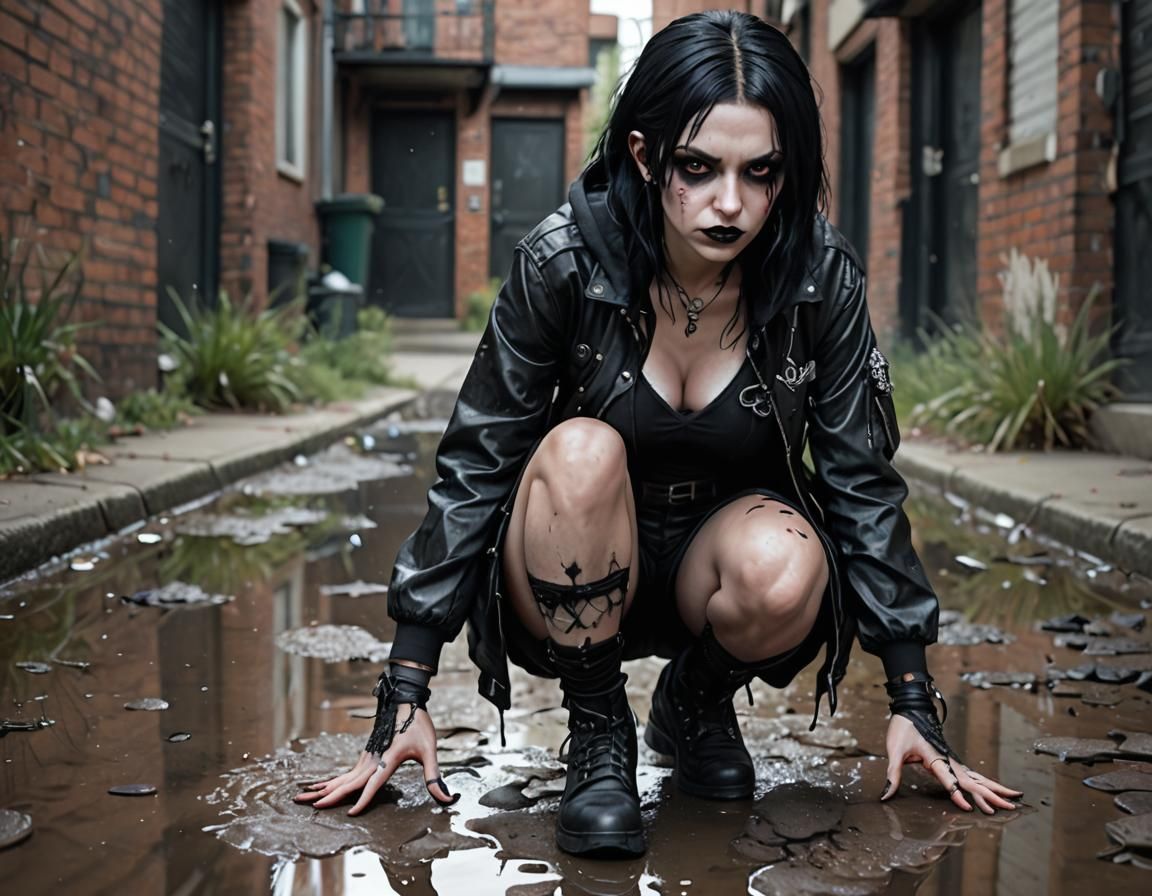 Goth girl crouching in the middle of the muddy road