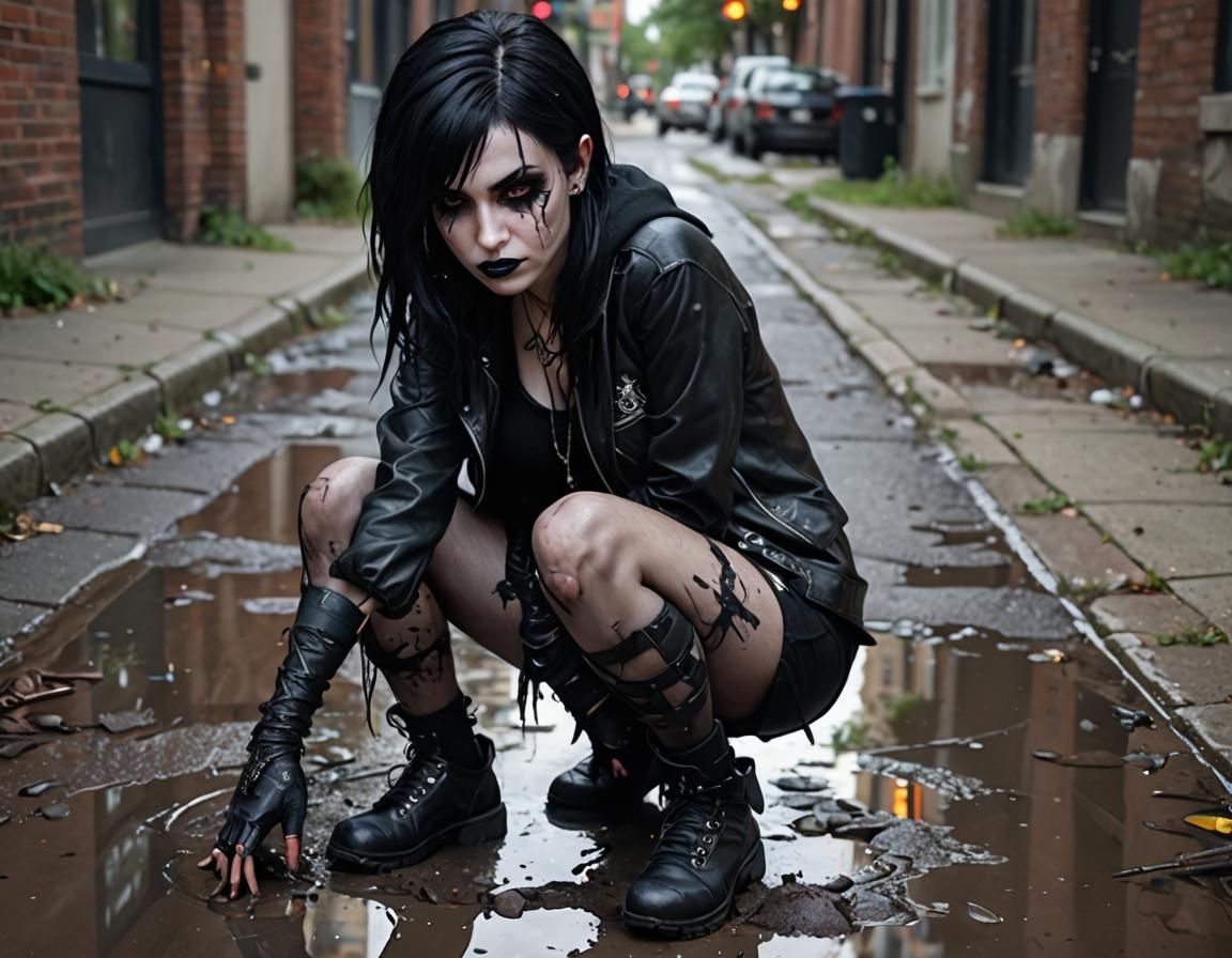 Goth girl crouching in the middle of the muddy road