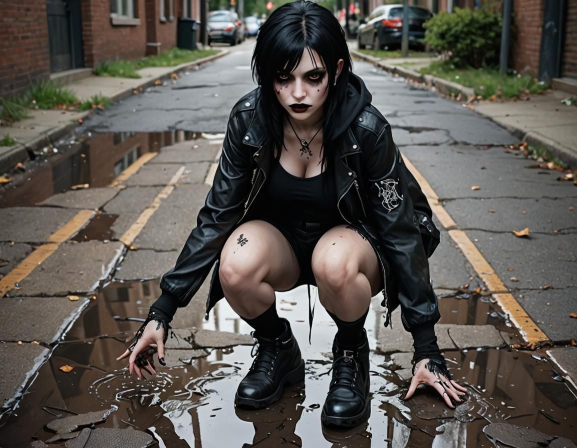 Goth girl crouching in the middle of the muddy road