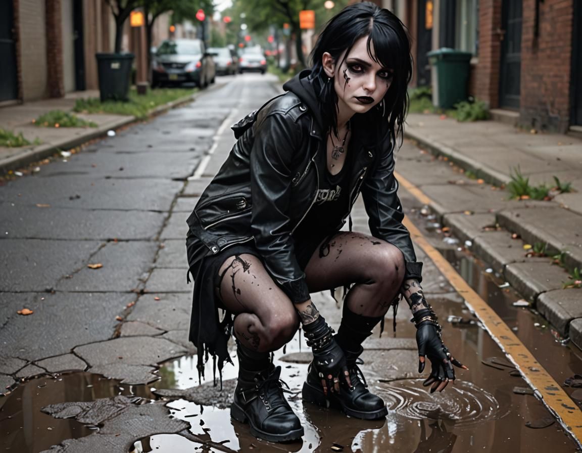 Goth girl crouching in the middle of the muddy road
