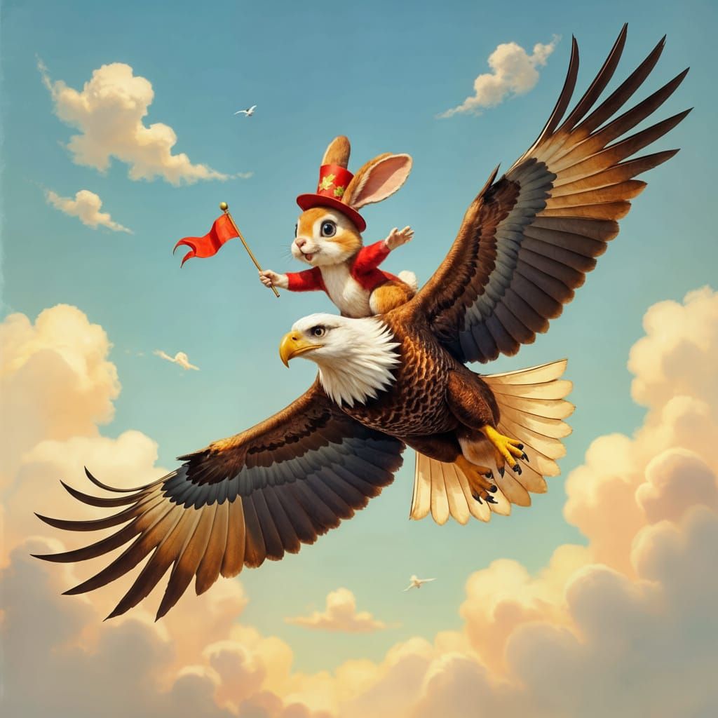 Eagle Gives Bunny Acrobat a Ride in Whimsical Style