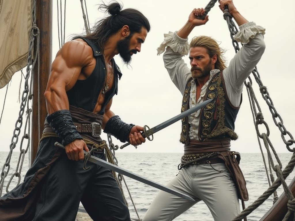 Pirate Confrontation on Sailing Ship in Charcoal Style