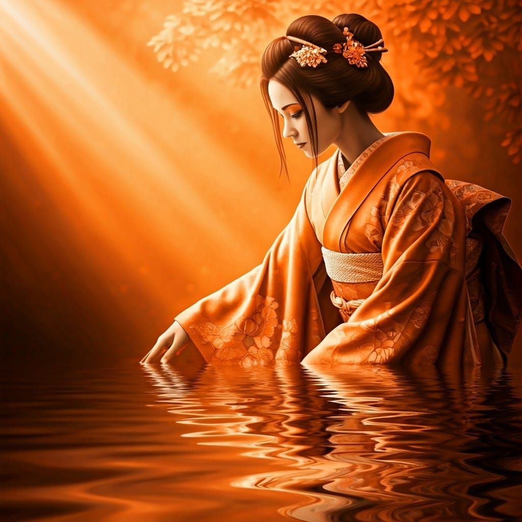 Orange Geisha with Lotus and Chrysanthemum Motifs