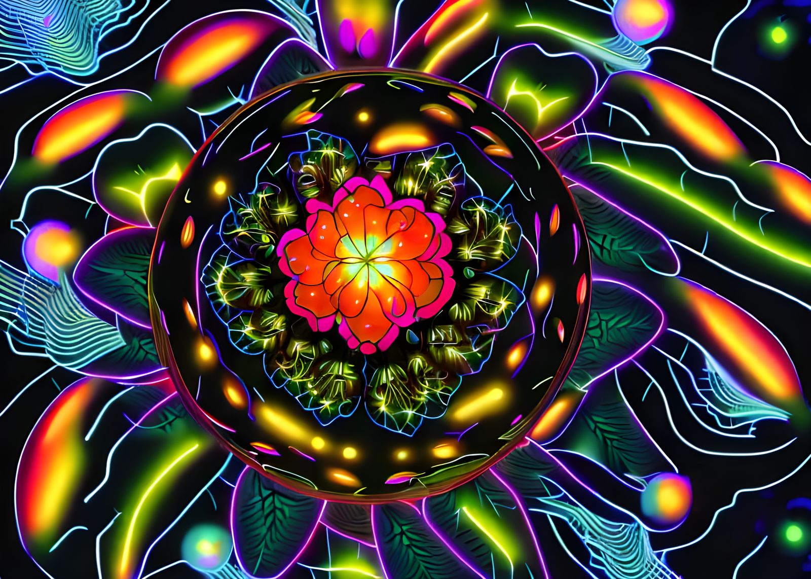 Neon Flower in Bubble in Cyberpunk Fantasy