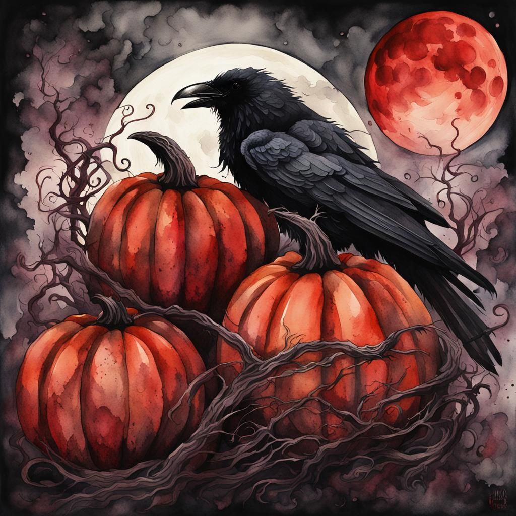 Gothic Watercolor: Pumpkins, Raven, and a Blood Moon