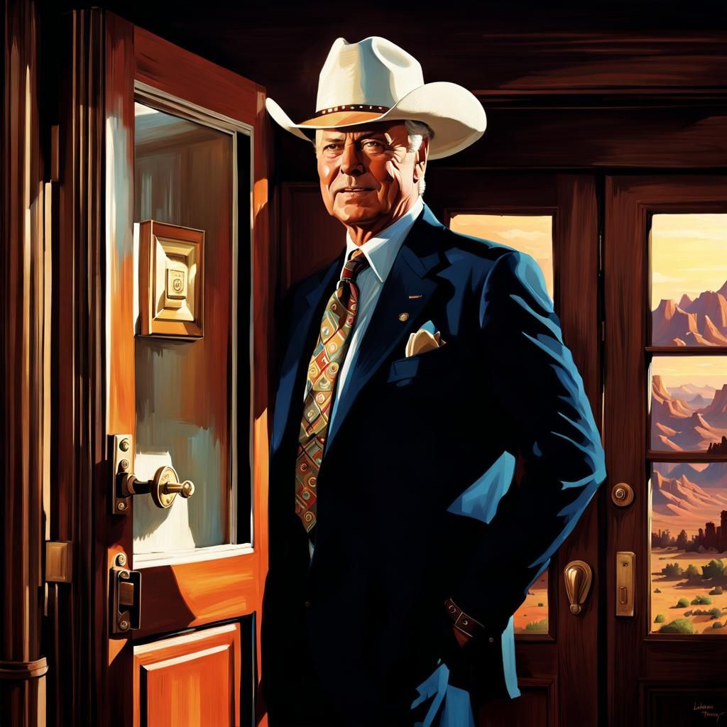 Startled J.R. Ewing in 1980s Style