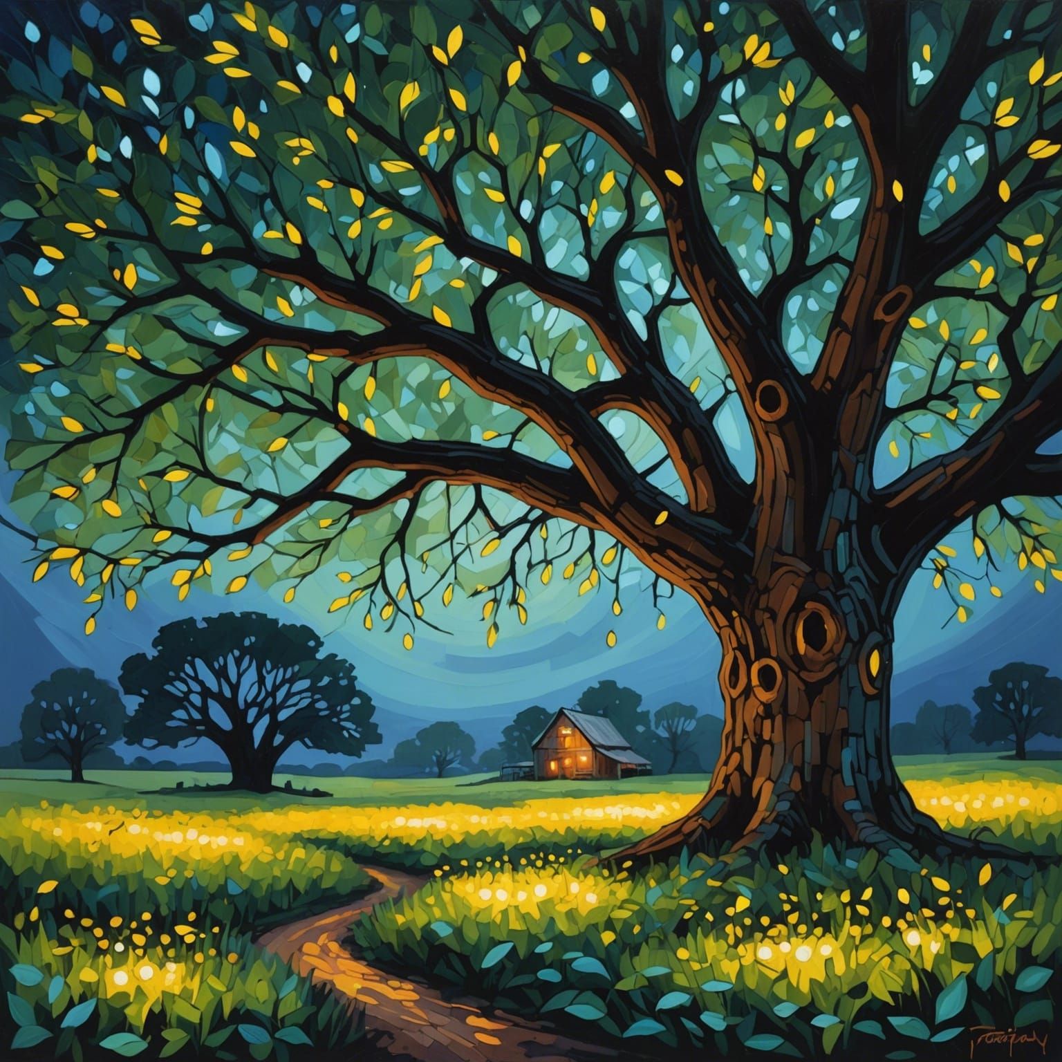 Fireflies Light Up Barnyard in Abstract Art Style