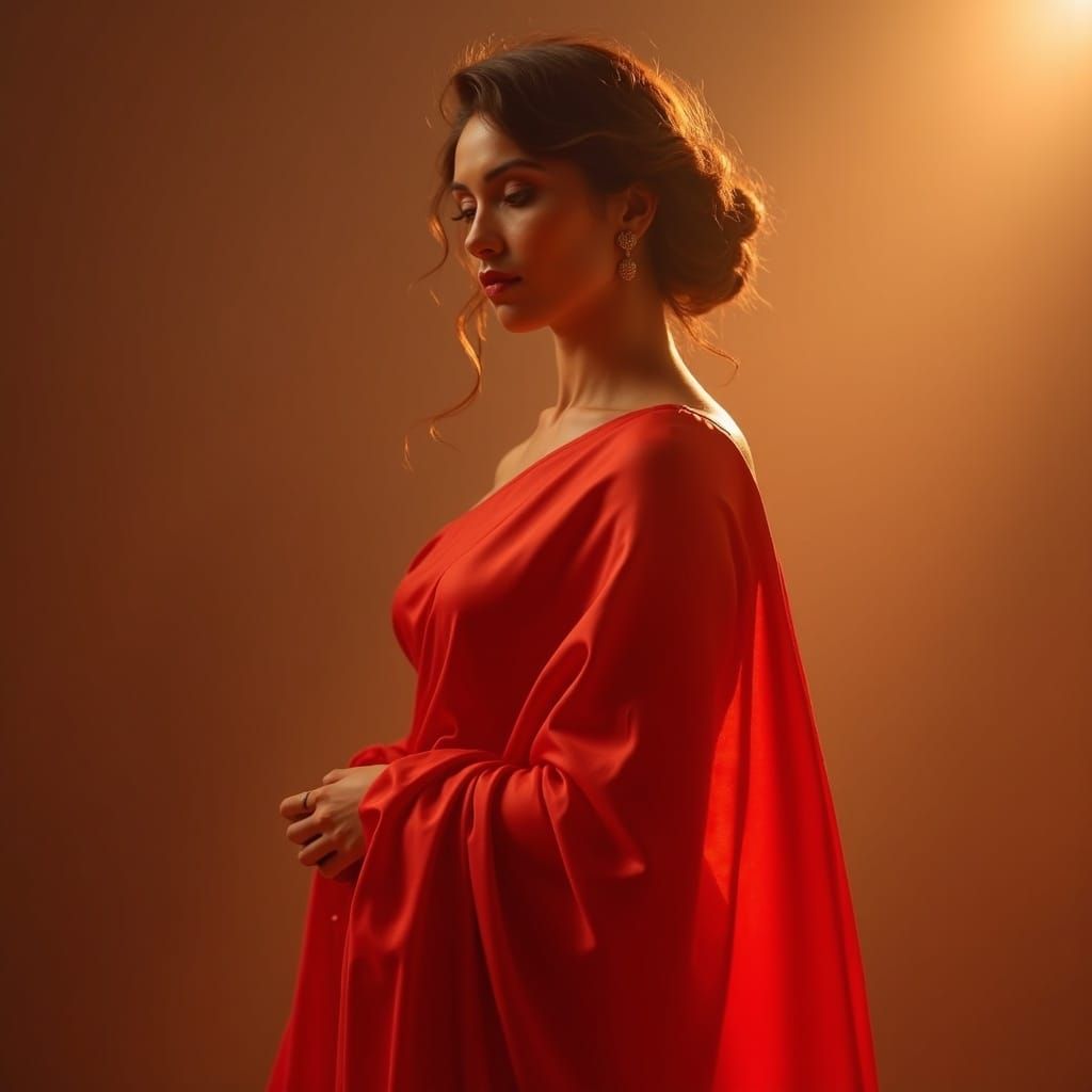 Woman in Elegant Red Satin Saree Photorealistic