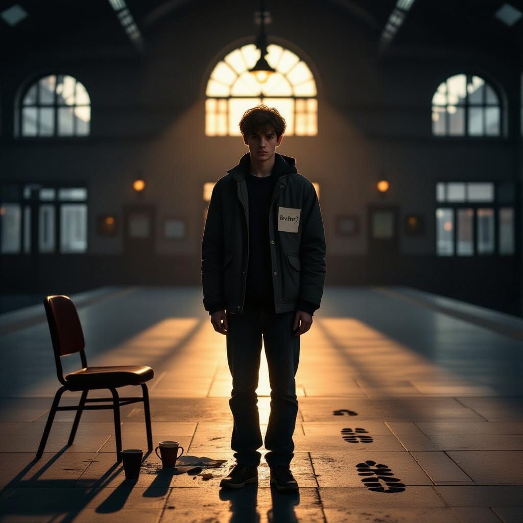 Man in Empty Train Station at Dusk, Cinematic Realism
