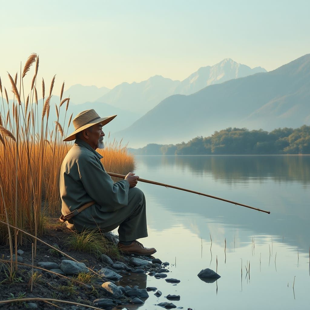 Serene Korean Fisherman on Riverbank in Morning Light