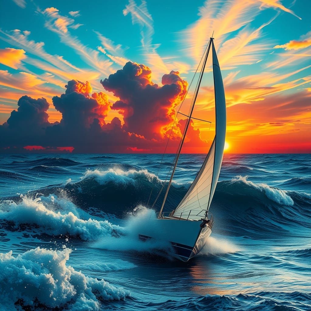 Sailboat Cresting Wave at Sunset: Photorealistic Rendering